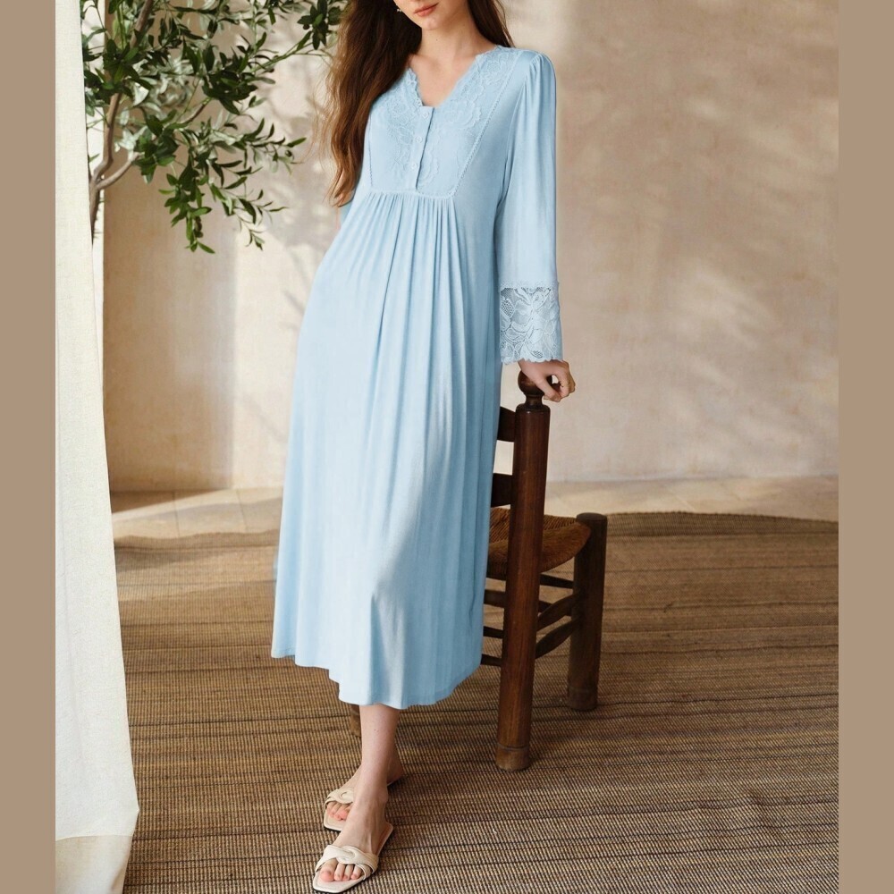 Sky Blue Lace Trim Split Neck Long Sleeve Midi Lounge Dress
